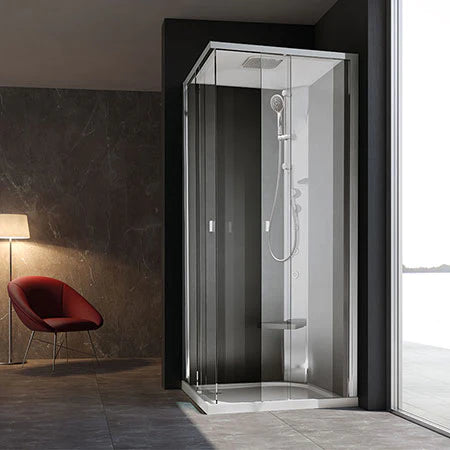 Minimalistische Dampfdusche mit Dampfgenerator und großzügigen Glasflächen in einem modernen Badezimmer.