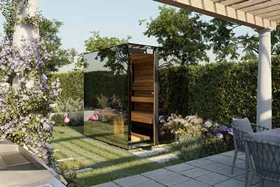 Eine sehr exklusive Gartensauna aus der Amadé-Serie. Die Amadé Panorama ist das meistverkaufte Modell der Spiegelglassauna und sehr bekannt in ganz Europa.