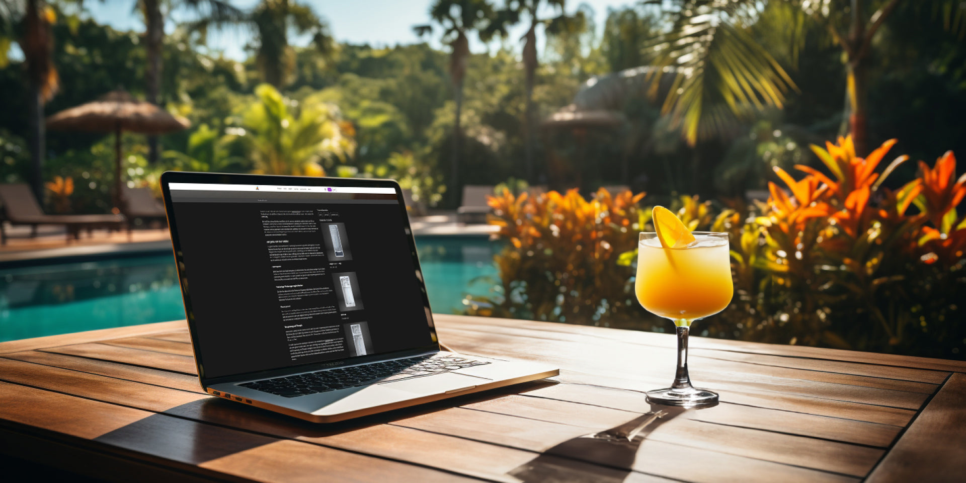 ein exotischer Ort im Freien: ein Tisch mit einem Laptop und einem Glas mit frischem Orangensaft. Im Hintergrund Palmen und ein Swim Spa.