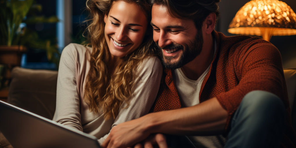 Ein glückliches und gemütliches Paar, das sicher auf der Website surft.