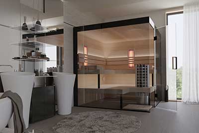 Im Badezimmer steht eine sehr elegante Indoor-Sauna mit großzügigen Glasfronten und integrierten infrarotstrahlern.