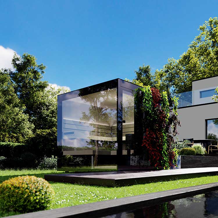 Private Sauna mit vertikal integriertem Garten an der Seitenwand.