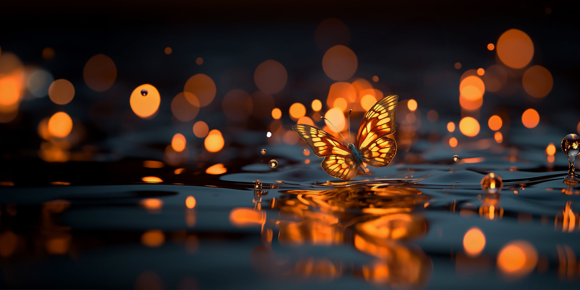 Schmetterling in der Nähe eines Gewässers. Reflektionen und warme Lichter und Farben. Idyllische Fotografie.