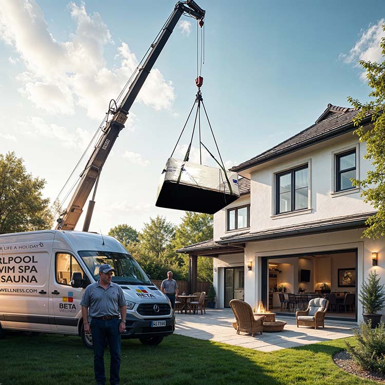 Ein Kran hebt einen Whirlpool über den Garten eines modernen Einfamilienhauses, während zwei Monteure von BETA Wellness den Einbau koordinieren. Im Vordergrund steht ein Transporter mit Firmenlogo, daneben Gartenmöbel auf der Terrasse.