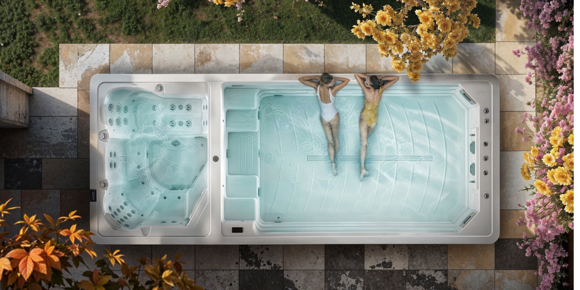 swim spa in einem schön gestalteten garten