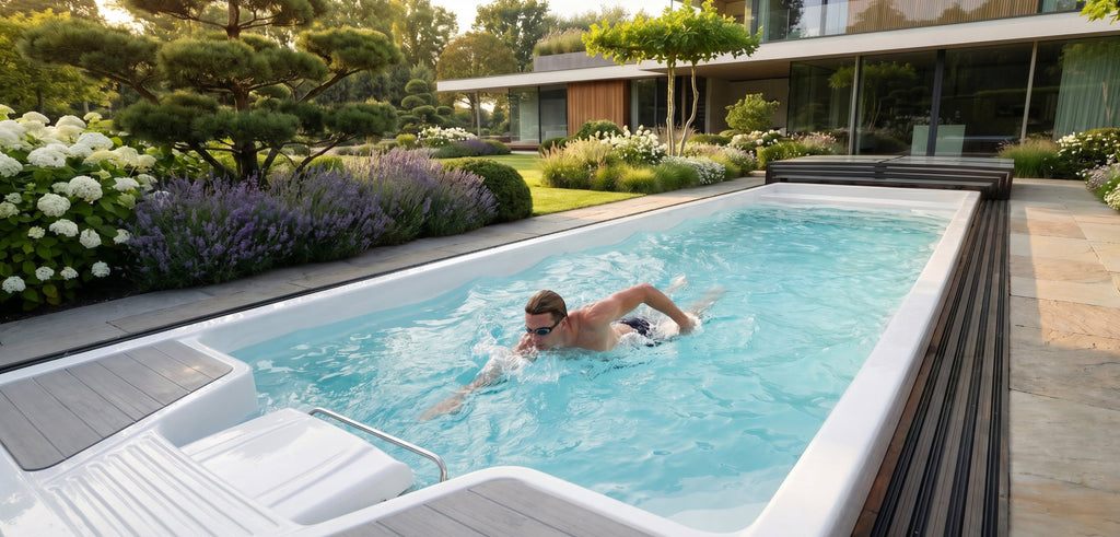 Ein Turbinen Swim Spa im Garten darin ein Schwimmer der gegen den Turbinen Strom schwimmt 