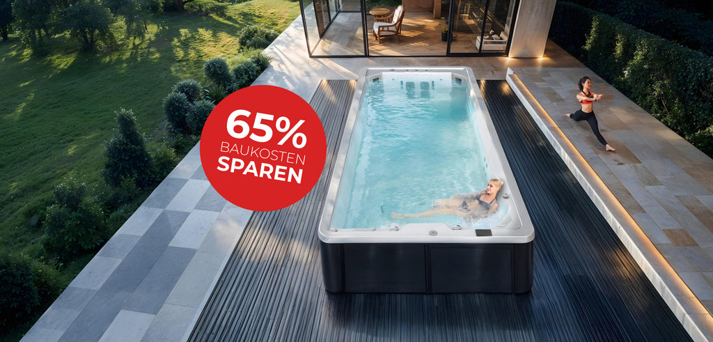 Teilversenkter Whirl- & Swim Spa aus der Mirna Serie mit 65% Baukosten Sparen Hinweis, Frau im Wasser und Frau beim Yoga auf der Terrasse.
