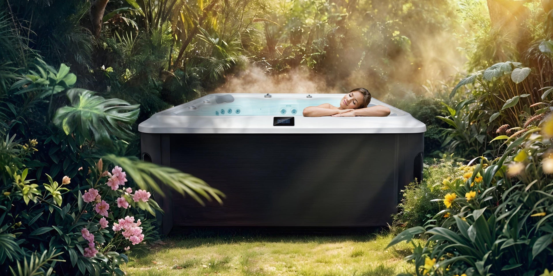Frau entspannt im Infinity Whirlpool inmitten einer grünen Gartenlandschaft mit Blumen und dichter Vegetation