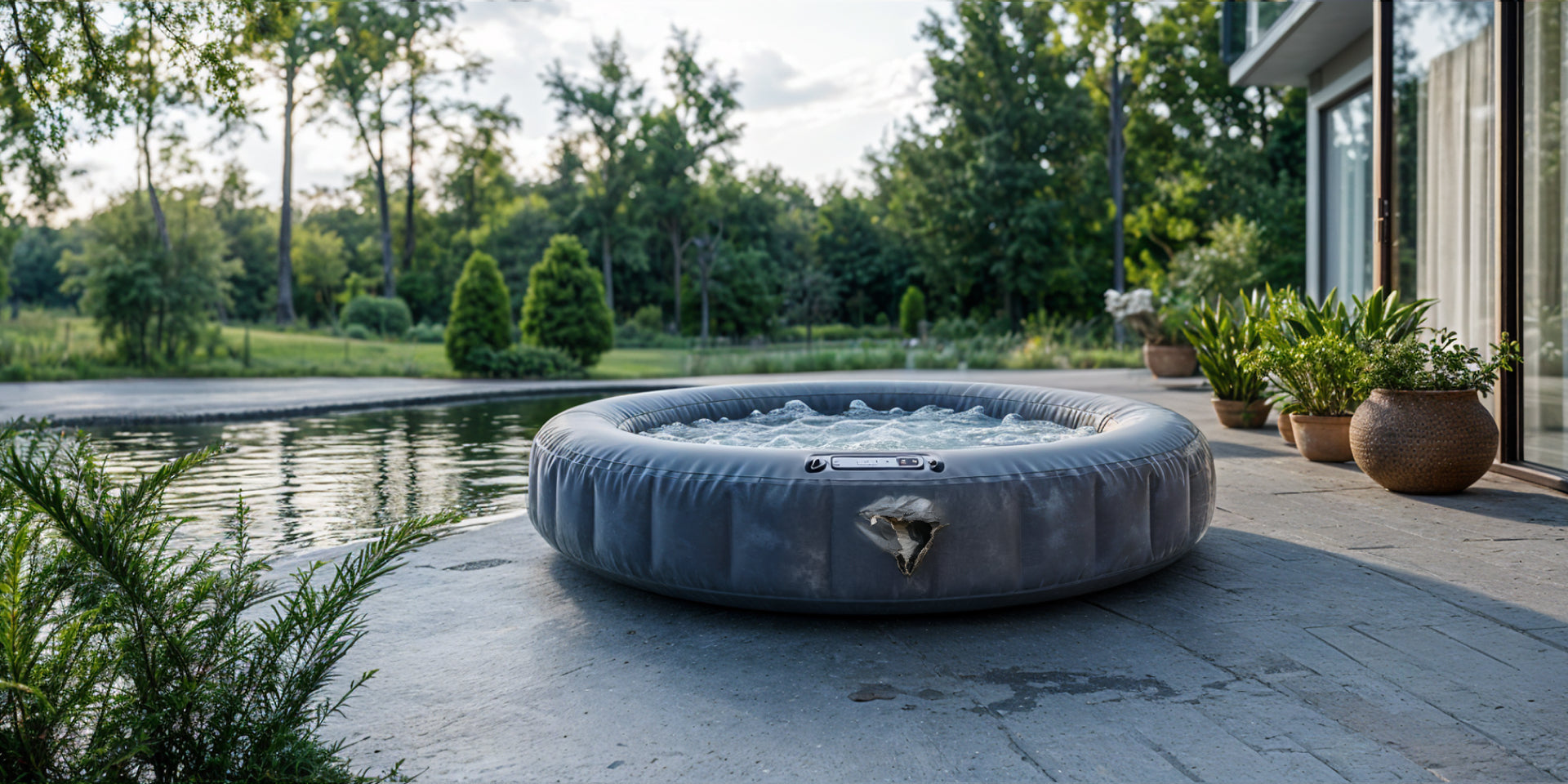 Befüllter Outdoor-Whirlpool auf Terrasse bei Sonnenuntergang.