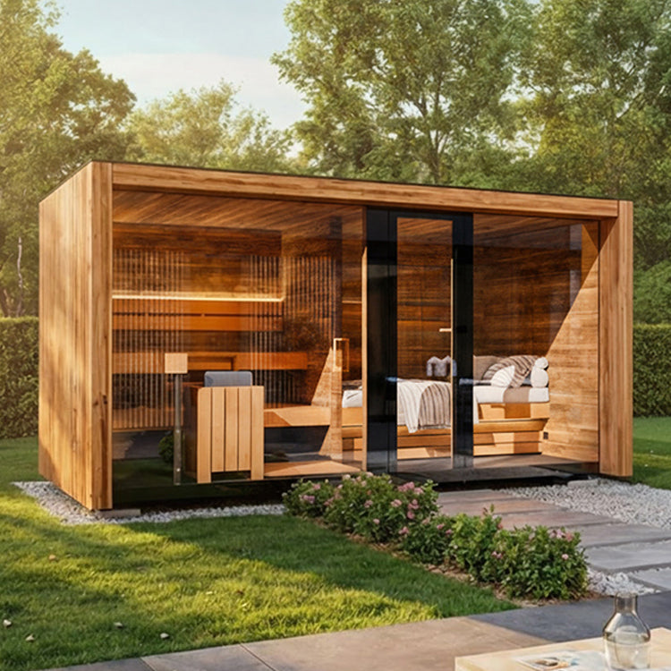 Aussensauna steht in einem schönen Graten voller Grün und Pflanzen