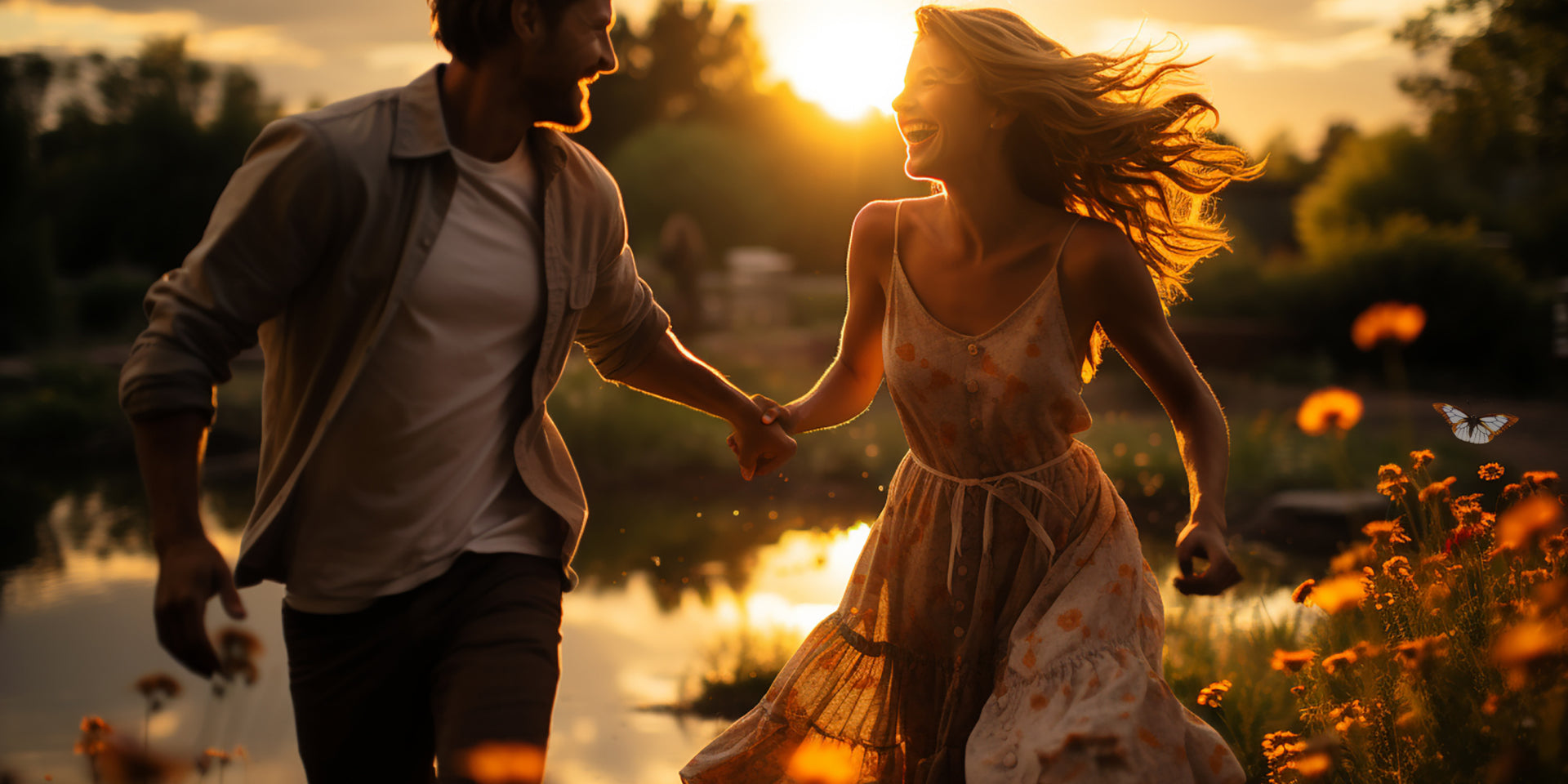 Ein glückliches Paar, das in einer wunderschönen Umgebung im Freien läuft, Händchen haltend, ohne sich Sorgen zu machen. 
