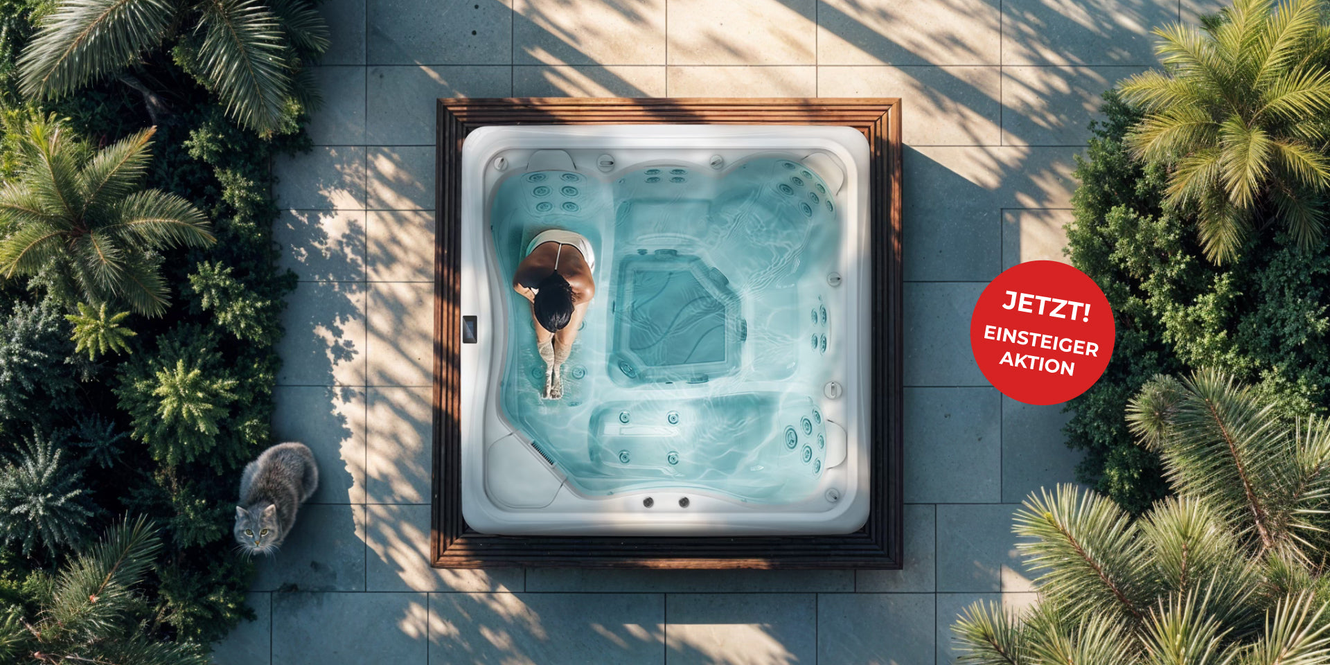 Frau sitzt in der Massageliege eines ECO Spas Outdoor Whirlpool.