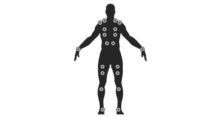 Silhouette eines Menschen mit markierten Massagedüsenpositionen zur Ganzkörpermassage in einem Whirlpool.