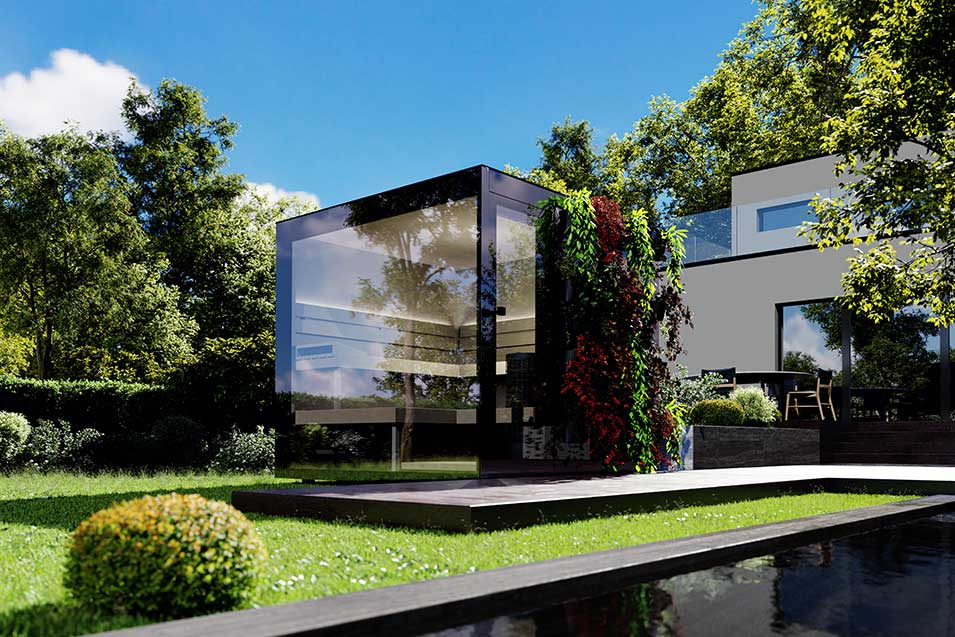 Private Sauna mit vertikal integriertem Garten an der Seitenwand.