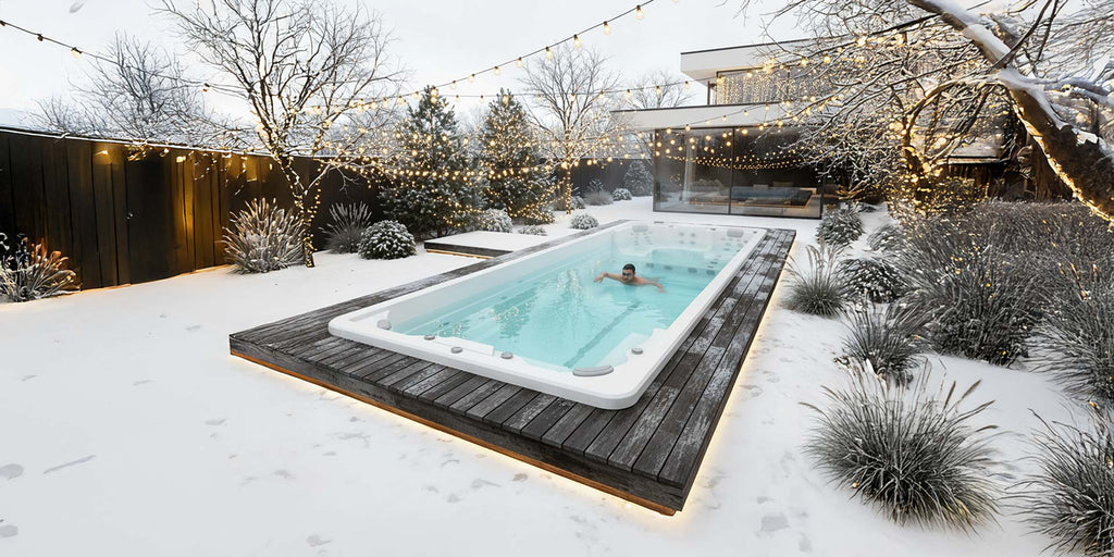 Mann schwimmt im Swim Spa im winterlichen Garten vor seinem Haus.