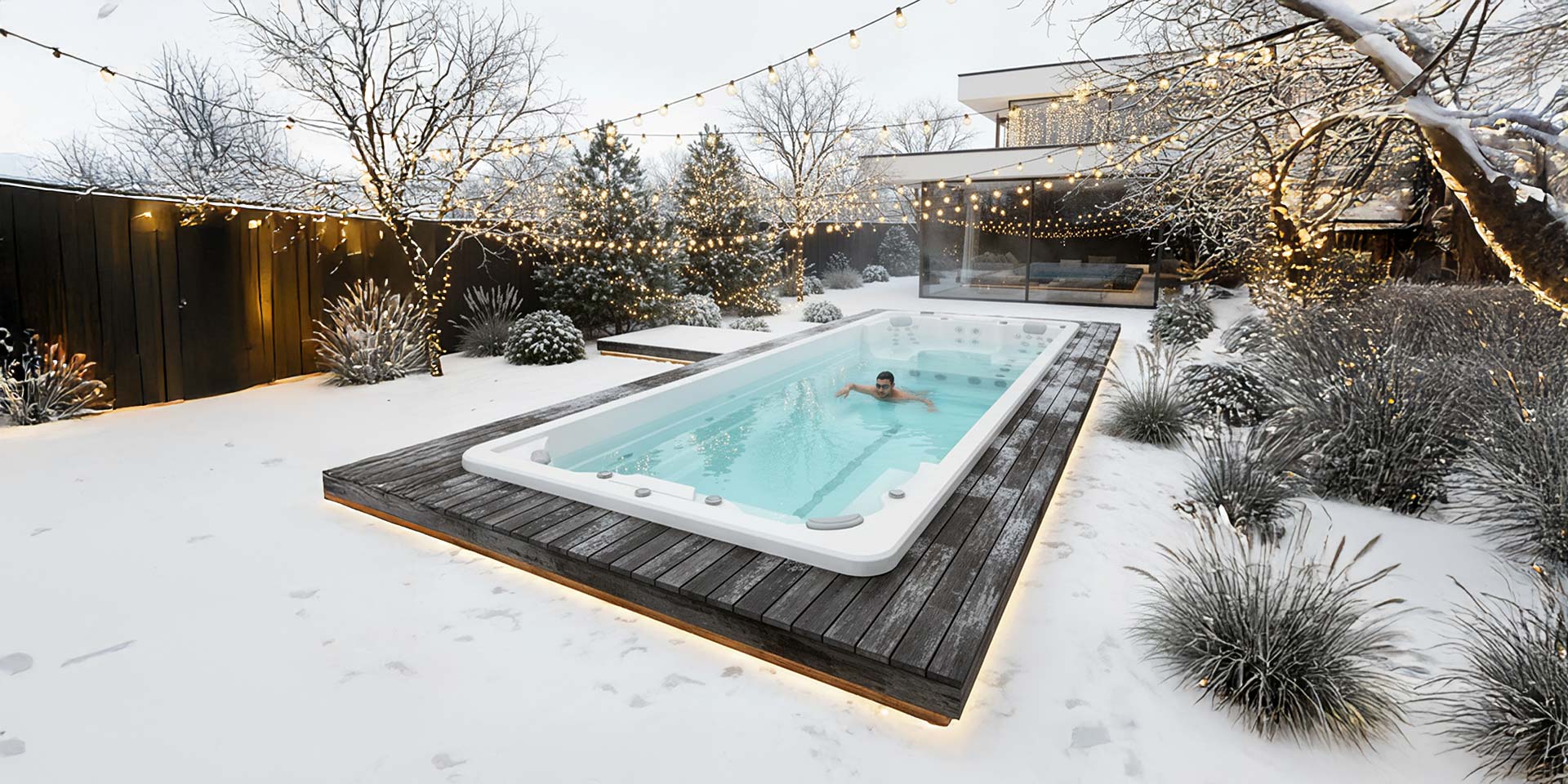 Mann schwimmt im Swim Spa im winterlichen Garten vor seinem Haus.