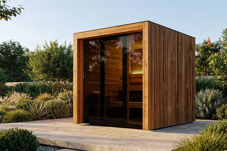 Moderne Außensauna, platziert auf einer Terrase in gepflegter Gartenlandschaft
