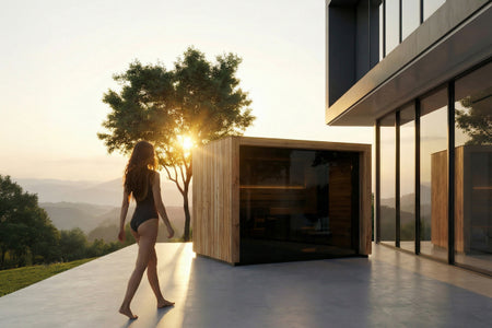 Moderne Gartensauna neben einem schönen Haus bei Sonnenuntergang, eine Frau geht über die Terrasse