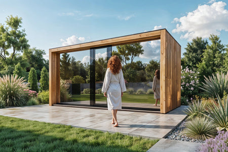 Moderne Gartensauna mit Glasfront in gepflegtem Garten, eine Frau geht auf den Eingang zu