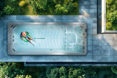 Obenansicht eines Relax & Exercise Swim Spas mit einer Frau, die im Wasser schwimmt.