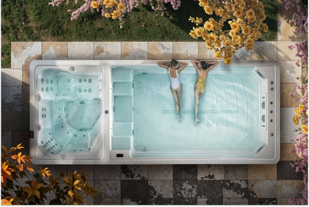 Whirl- & Swim Spa, luxuriöses Whirlpool-Erlebnis mit effektivem Schwimmtraining, Vogelperspektive.