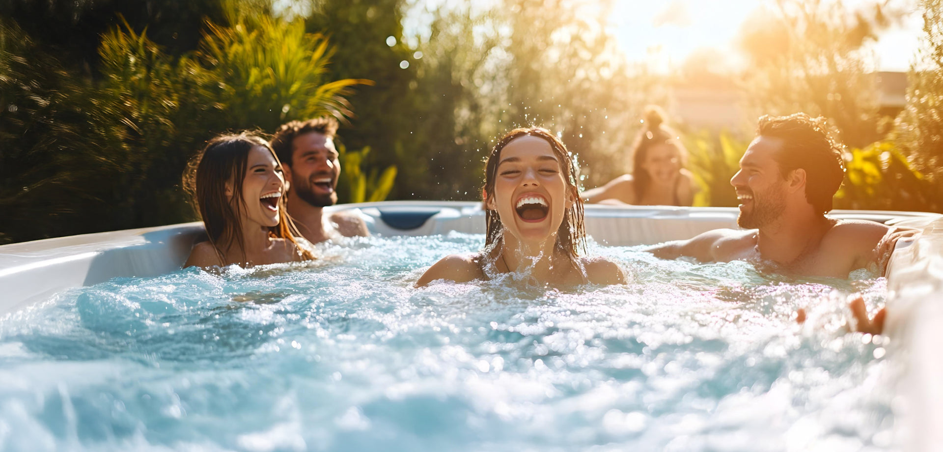 Fröhliche Gruppe von Freunden in einem Swim Spa Swimmingpool im Sonnenlicht.