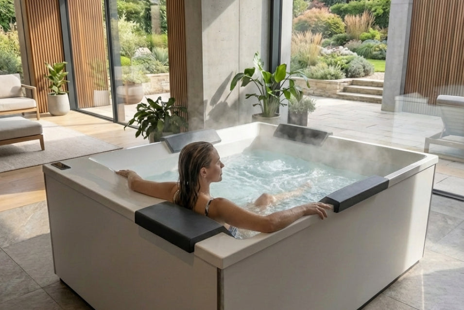 Whirlpool steht in einem modernen Wohnbereich, eine Frau entspannt im Whirlpool