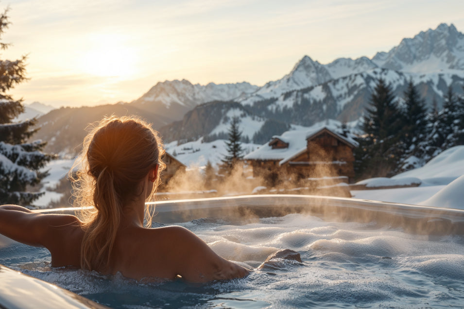 Eine Frau von hinten sitzt im Whirlpoolbereich eines Swimmingpools und genießt die warme Massage an einem kalten Wintertag.