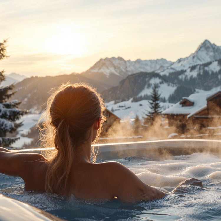 Eine Frau von hinten sitzt im Whirlpoolbereich eines Swimmingpools und genießt die warme Massage an einem kalten Wintertag.