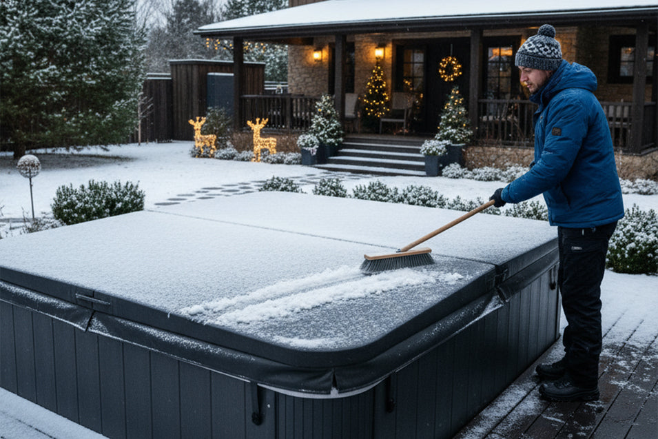 Mann entfernt Schnee von der Abdeckung eines Whirlpool Outdoor im verschneiten Garten – zeigt Winterpflege, Frostschutz und richtige Wartung im Außenbereich.
