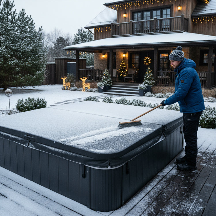 Mann entfernt Schnee von der Abdeckung eines Whirlpool Outdoor im verschneiten Garten – zeigt Winterpflege, Frostschutz und richtige Wartung im Außenbereich.