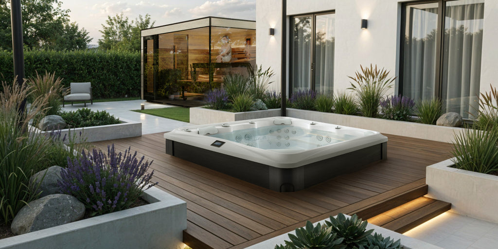 Whirlpool Outdoor im Garten auf der Terrasse.