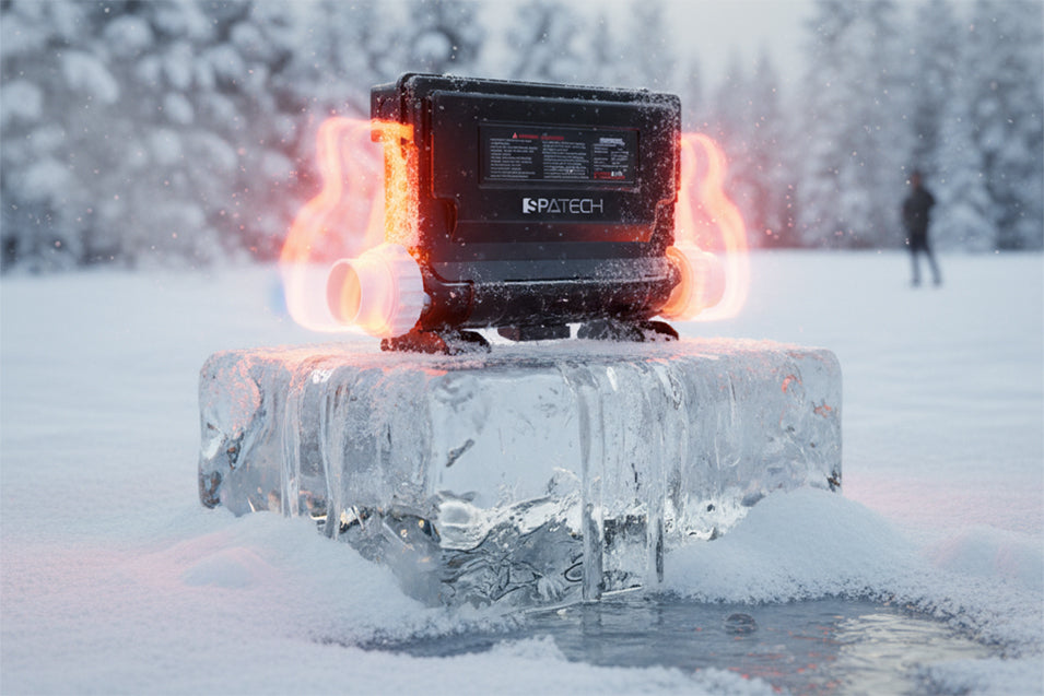 Whirlpool-Heizsystem auf einem Eisblock im verschneiten Garten – symbolisiert automatischen Frostschutz und intelligente Heizprogramme für winterfesten Betrieb von Outdoor-Whirlpools.