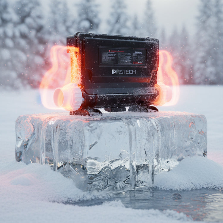 Whirlpool-Heizsystem auf einem Eisblock im verschneiten Garten – symbolisiert automatischen Frostschutz und intelligente Heizprogramme für winterfesten Betrieb von Outdoor-Whirlpools.