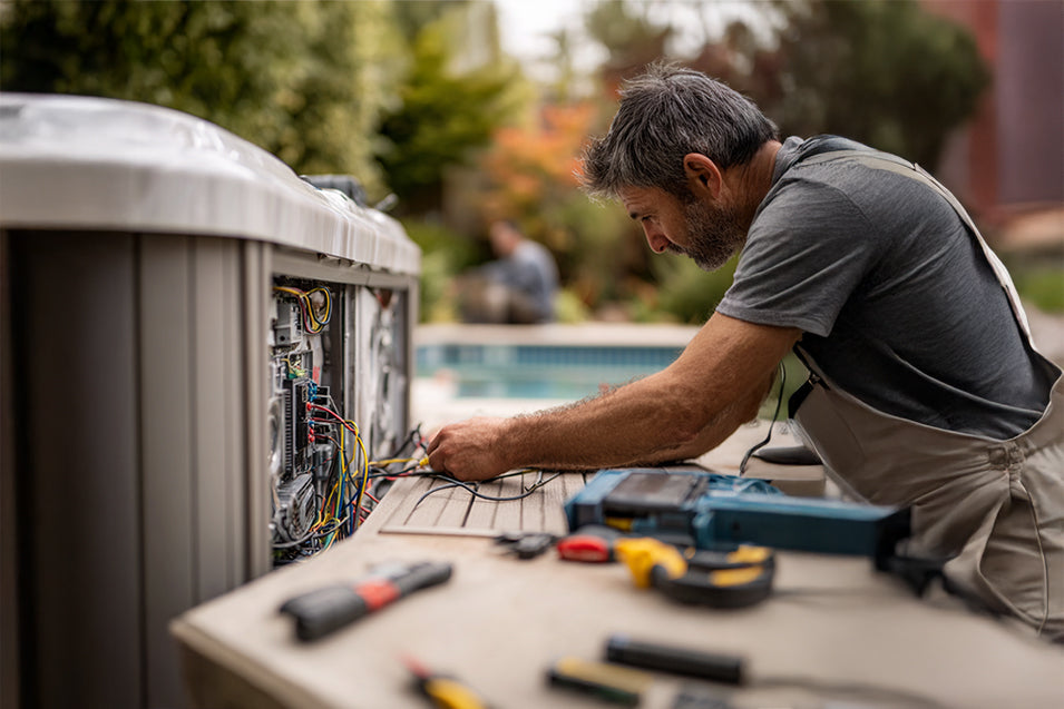 Elektrofachkraft installiert den Stromanschluss eines Outdoor-Whirlpools im Garten. Die Seitenverkleidung ist geöffnet, Werkzeuge liegen bereit. Der Techniker überprüft sorgfältig die Verkabelung für eine sichere Inbetriebnahme.