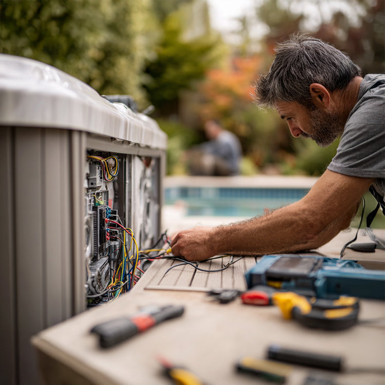 Elektrofachkraft installiert den Stromanschluss eines Outdoor-Whirlpools im Garten. Die Seitenverkleidung ist geöffnet, Werkzeuge liegen bereit. Der Techniker überprüft sorgfältig die Verkabelung für eine sichere Inbetriebnahme.