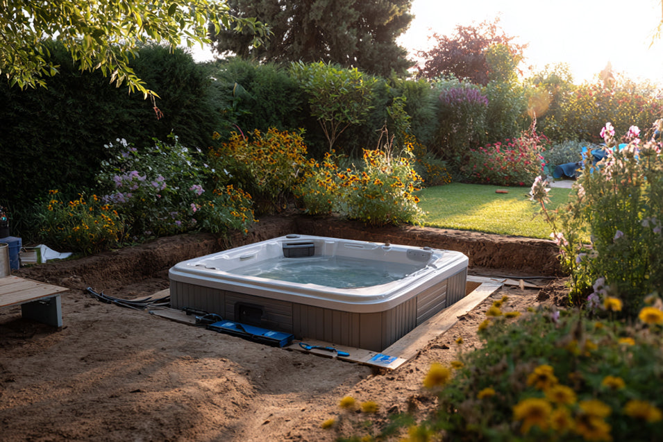 Ein halb eingelassener Outdoor-Whirlpool wird im Garten installiert. Die Anschlussleitungen sind vorbereitet, um Strom und Technik anzuschließen. Im Hintergrund blühen Pflanzen und Sträucher, die eine harmonische Umgebung schaffen.