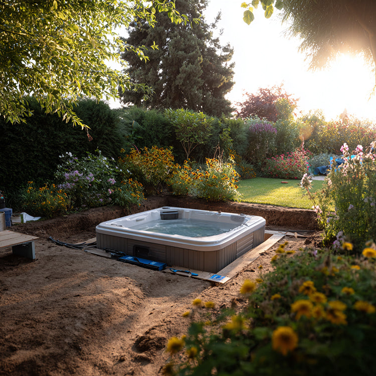 Ein halb eingelassener Outdoor-Whirlpool wird im Garten installiert. Die Anschlussleitungen sind vorbereitet, um Strom und Technik anzuschließen. Im Hintergrund blühen Pflanzen und Sträucher, die eine harmonische Umgebung schaffen.