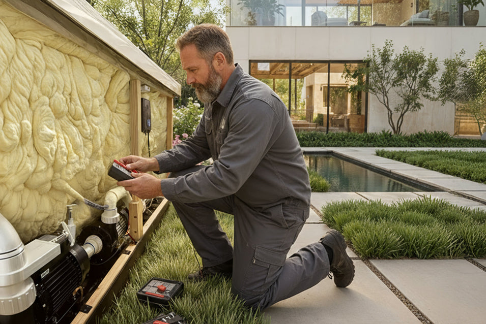 Techniker überprüft die Isolierung und Pumpentechnik eines Outdoor-Whirlpools im Garten, um den leisen Betrieb sicherzustellen. Die Dämmung mit PU-Schaum reduziert Geräusche und sorgt für energieeffiziente Funktion.