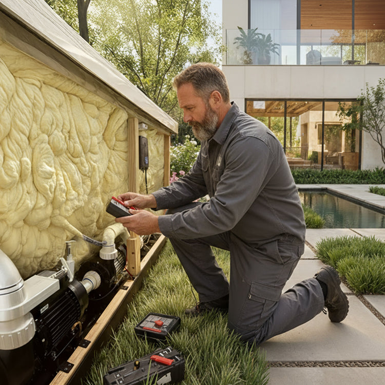 Techniker überprüft die Isolierung und Pumpentechnik eines Outdoor-Whirlpools im Garten, um den leisen Betrieb sicherzustellen. Die Dämmung mit PU-Schaum reduziert Geräusche und sorgt für energieeffiziente Funktion.