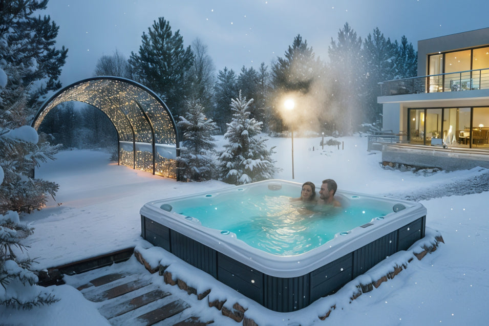 Mann und Frau in einem Outdoor Whirlpool im Winter vor dem Haus im Garten.