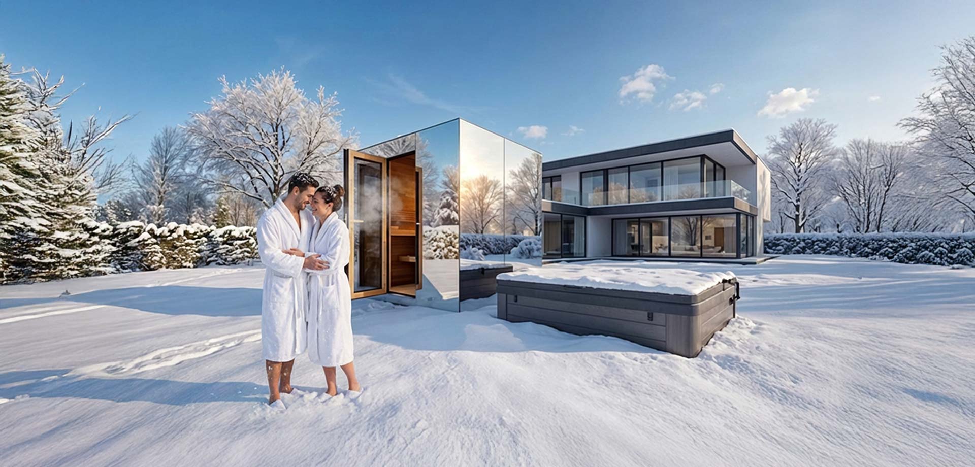 Junges Paar im eigenen winterlichen Garten vor den Haus mit einem Whirlpool und einer Sauna.