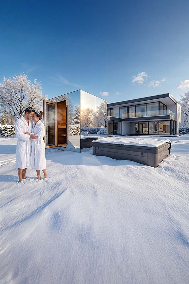 Junges Paar im eigenen winterlichen Garten vor den Haus mit einem Whirlpool und einer Sauna.